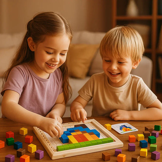 Wooden Pixel Puzzle Game for Kids ⎜ Color Sorting Blocks with Grid Board for Logic and Pattern Matchin